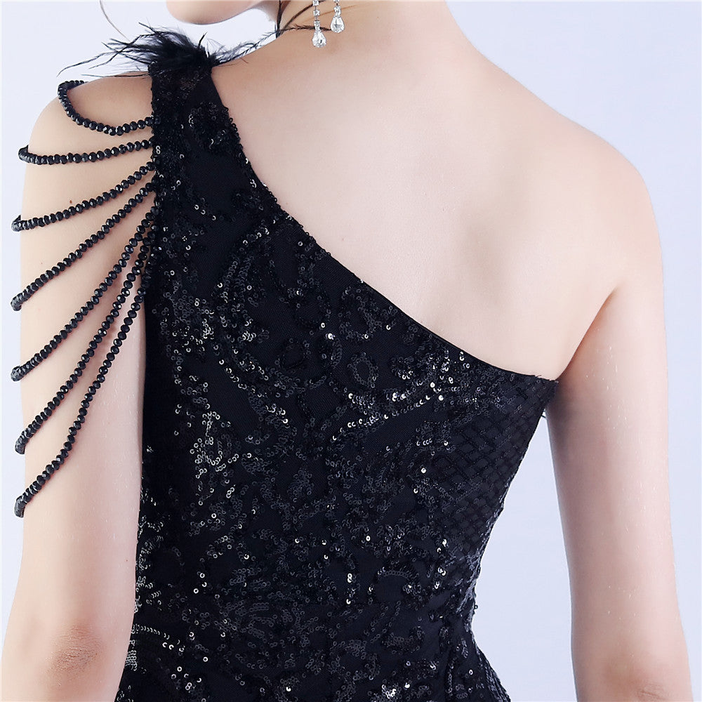 Beaded and Ostrich Fur Sequined Formal Dress