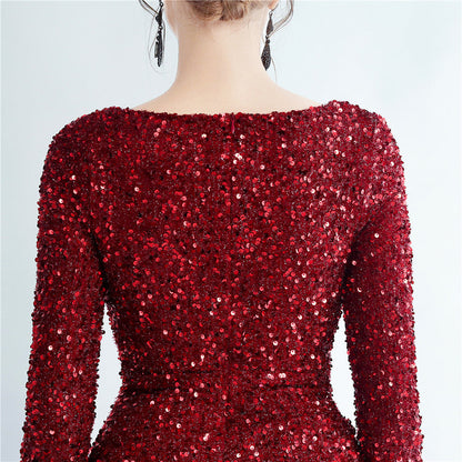 Split Long Sleeve Sequin Formal Dress