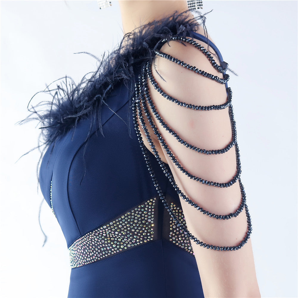 Fur Slant Neck One Shoulder Formal Dress