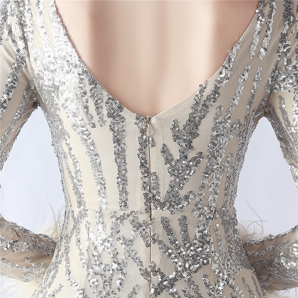 Ostrich Fur Mesh Beaded Formal Dresses