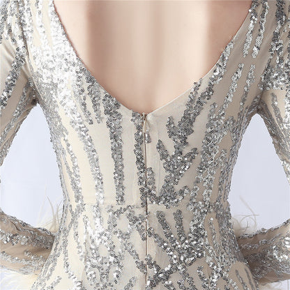 Ostrich Fur Mesh Beaded Formal Dresses