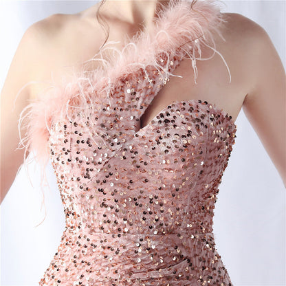 Ostrich Velvet Bottom One Shoulder Formal Dress