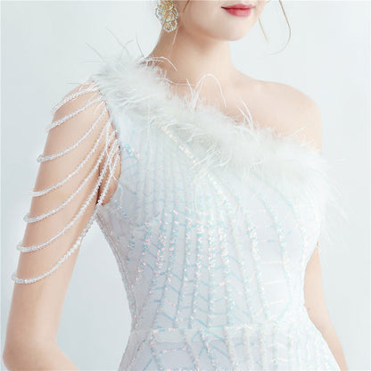 Fur Layered Beaded Formal Dress