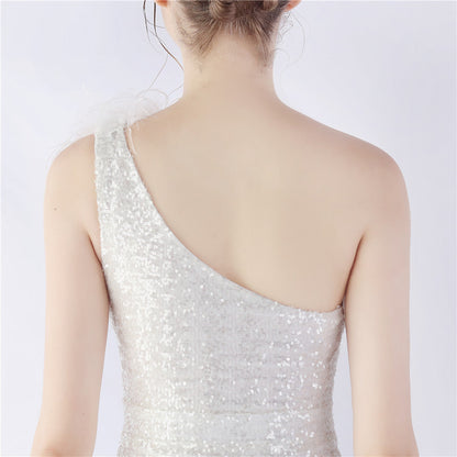 Ostrich Fur One-Shoulder Slant Neck Beaded Maxi Formal Dress