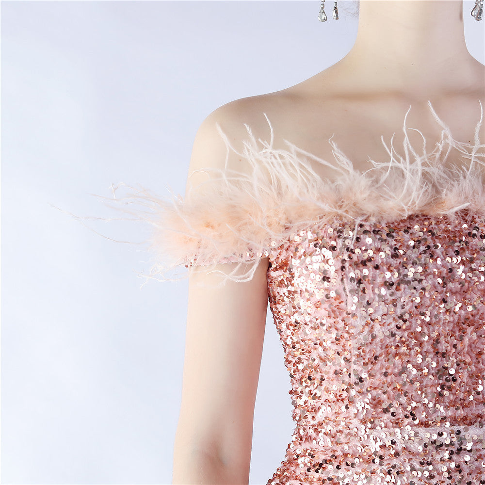 Fur One Shoulder Formal Dress