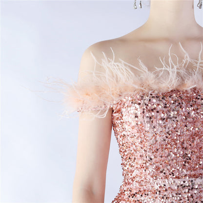 Fur One Shoulder Formal Dress