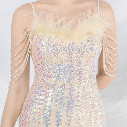 Ostrich Fur Illusion Beaded Formal Dress