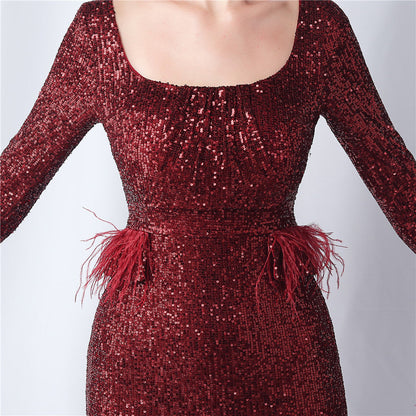 Ostrich Fur Long Sleeve Formal Dress