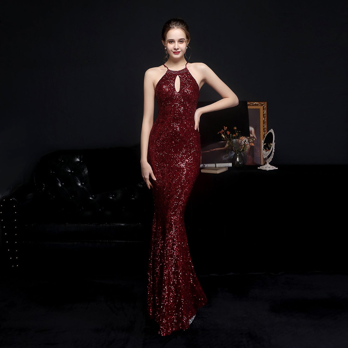 Long Neck Stapled Formal Dresses