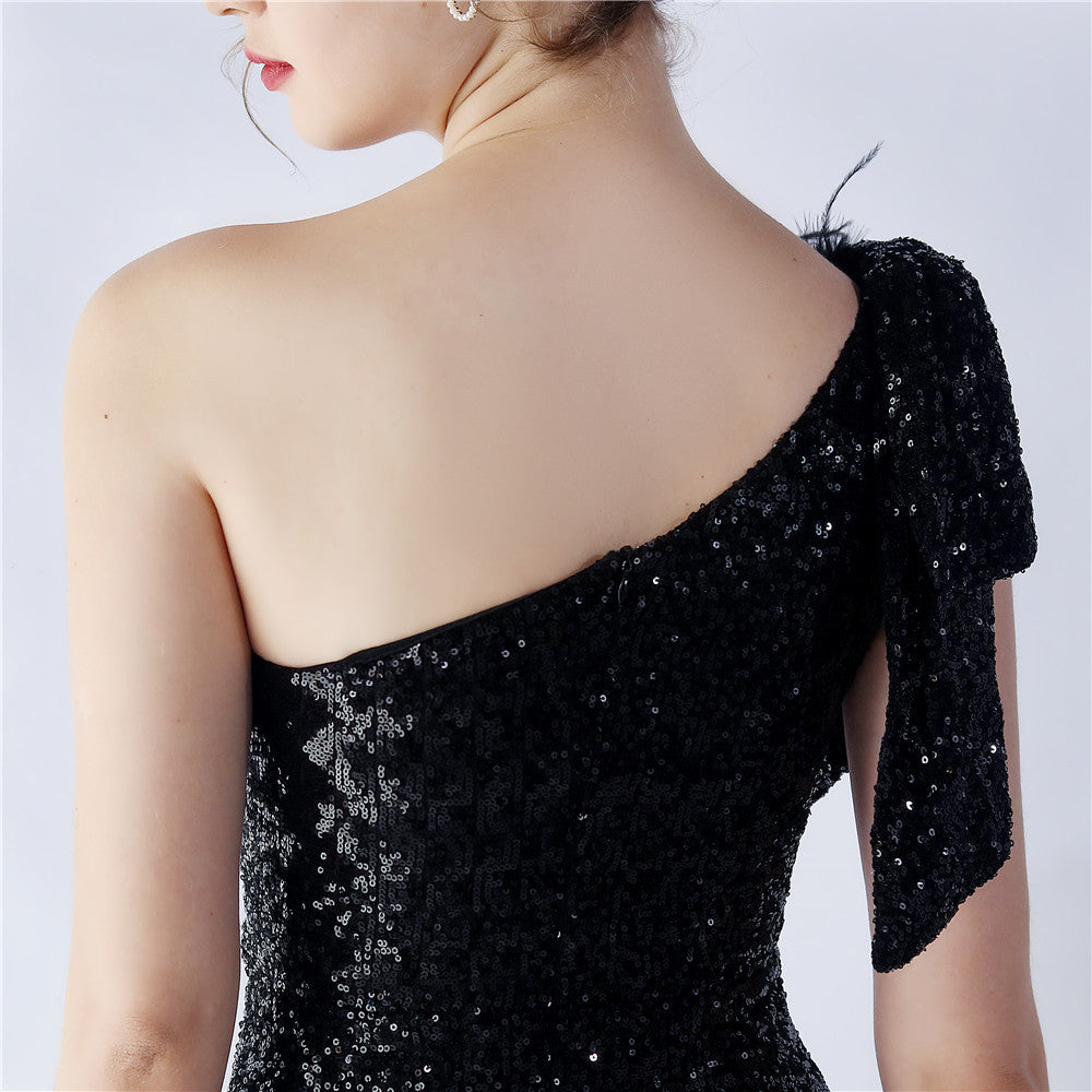 Fur Sequin One Shoulder Formal Dress