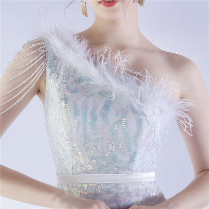 Fur Slant Neck One Shoulder Formal Dress