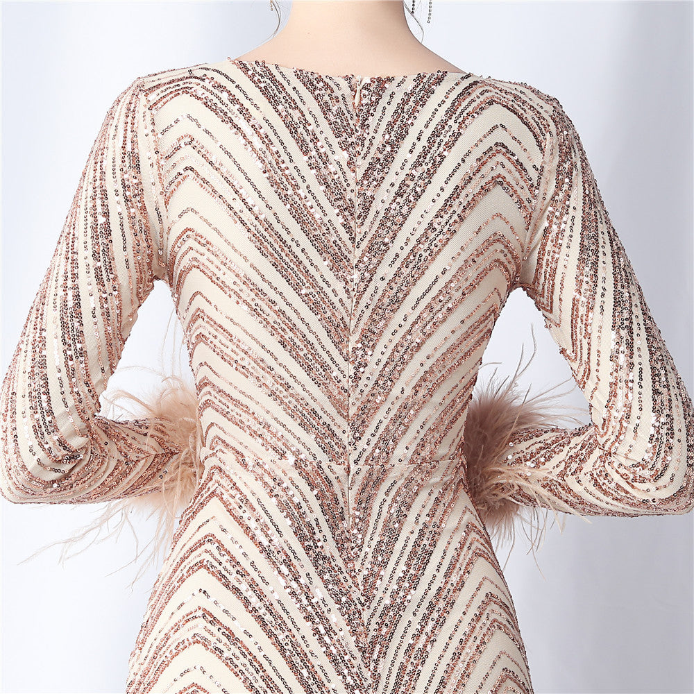 Ostrich Fur Long Sleeve Formal Dress
