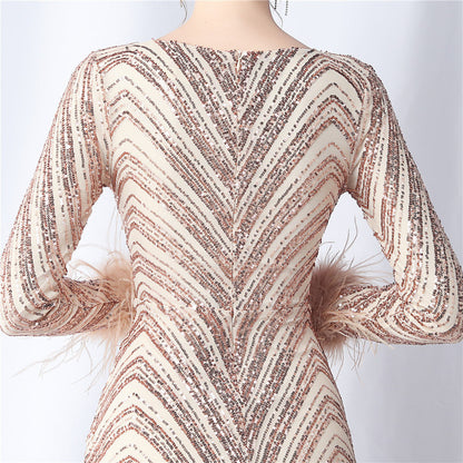 Ostrich Fur Long Sleeve Formal Dress