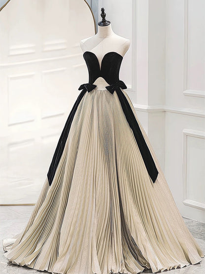 A-Line Neck Satin Velvet Champagne Dress