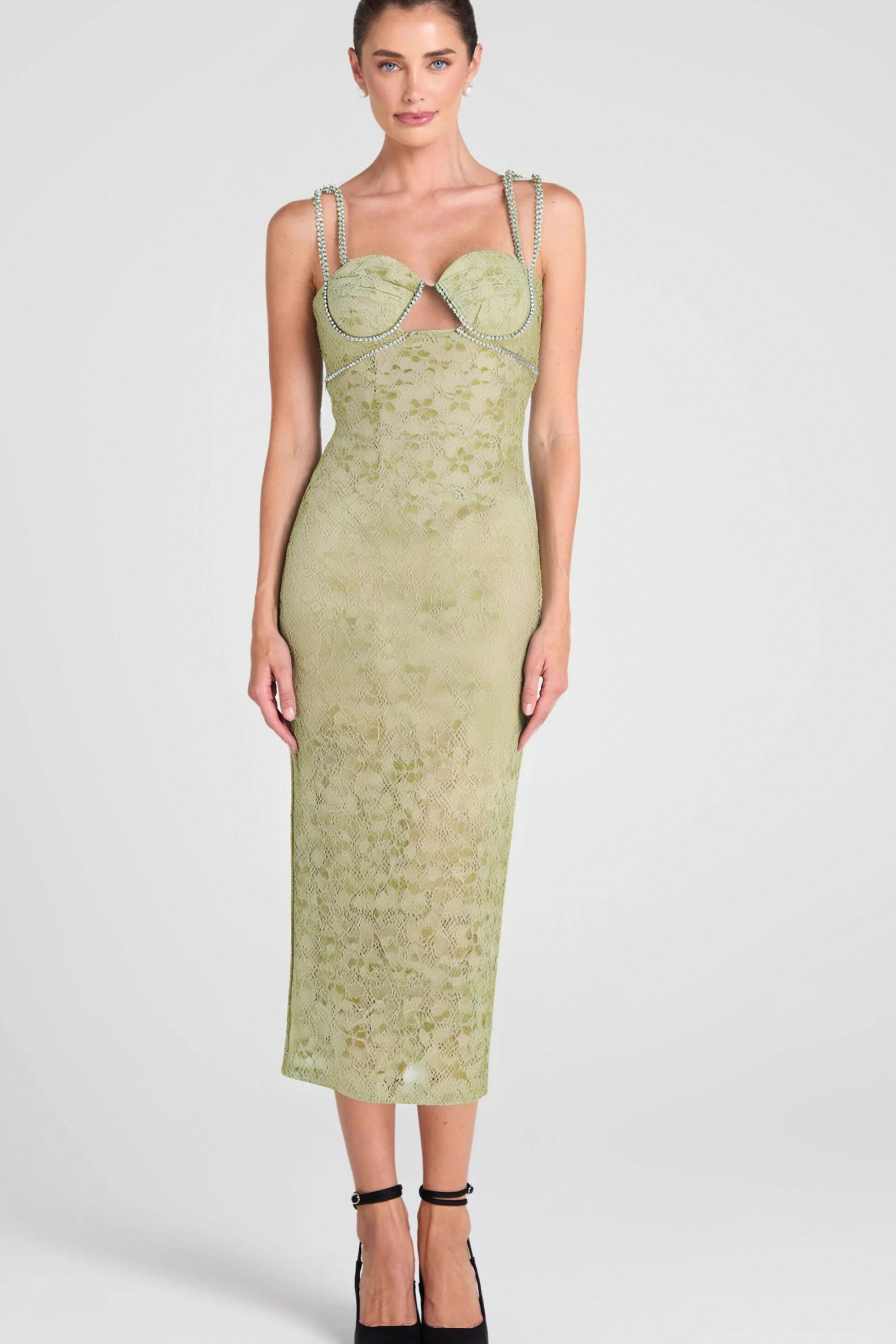 LACE FLORAL CRYSTAL CHAIN BUSTIER MIDI DRESS