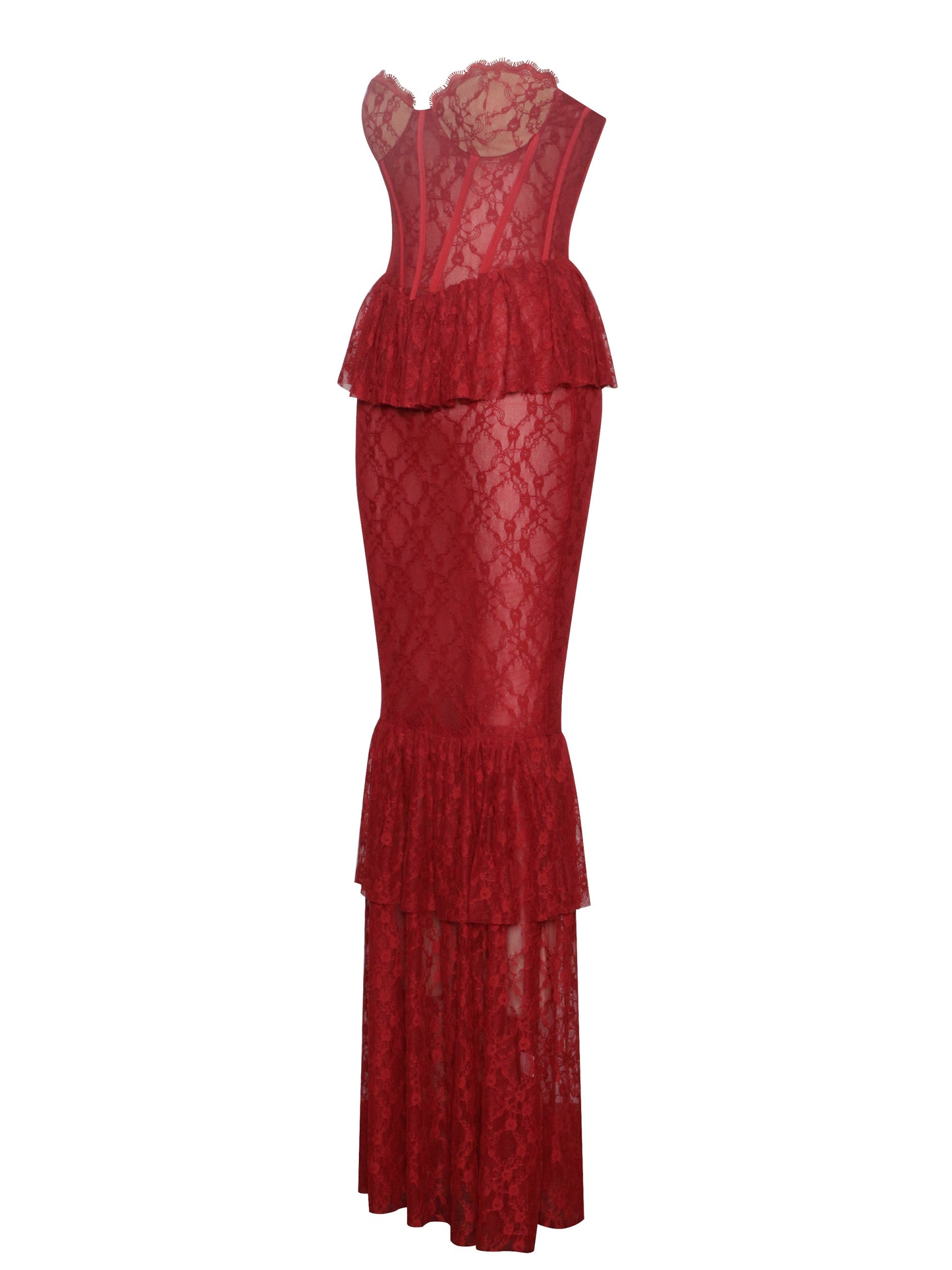 Abito lungo con corsetto in pizzo bordeaux Zen