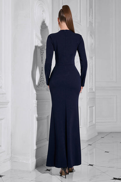 Long sleeve split maxi dresses in dark blue