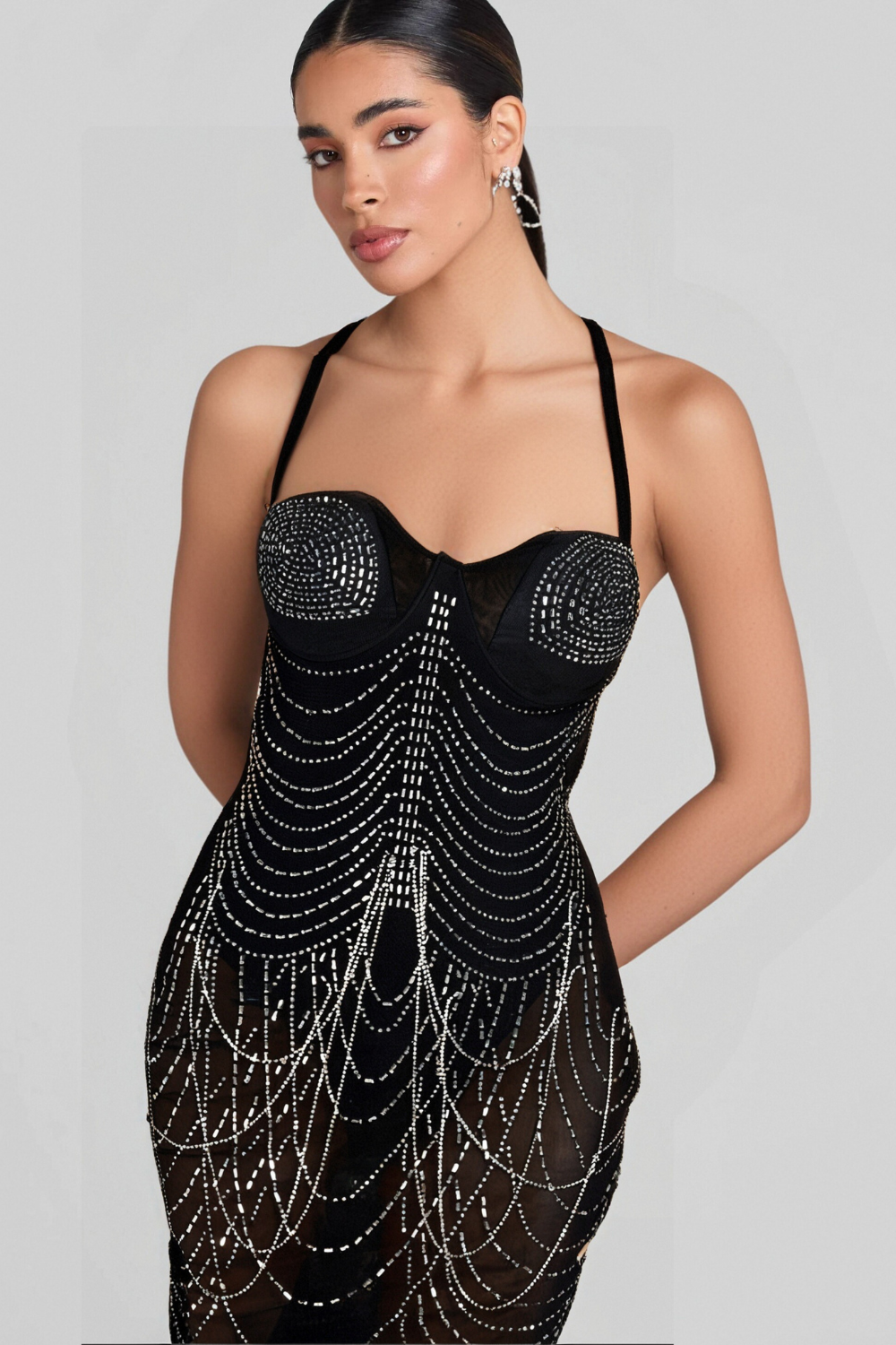 RHINESTONE EMBELLISHED MESH DRESS