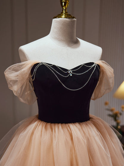 A-Line Tulle Champagne mini Prom Dress