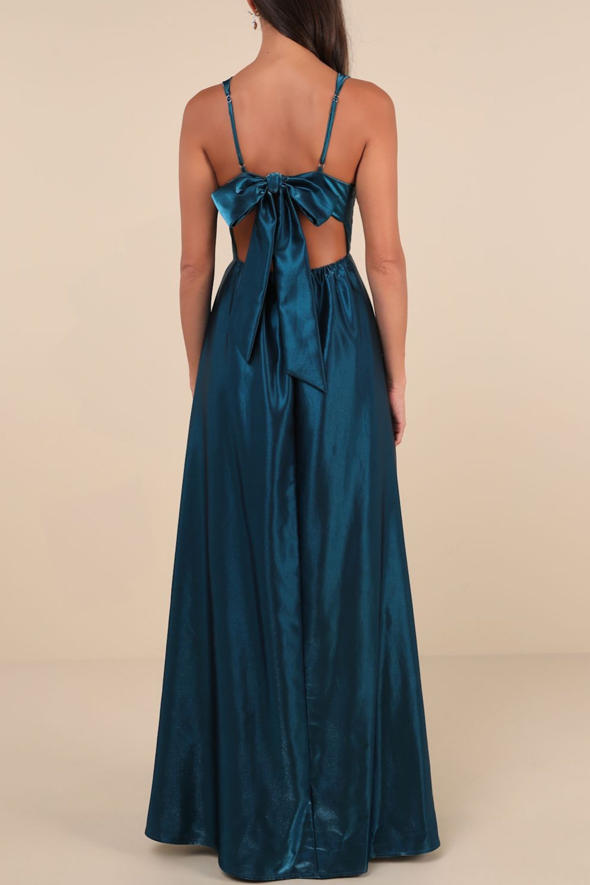 Aura Shiny Dark Teal Taffeta Maxi Dress With Pockets
