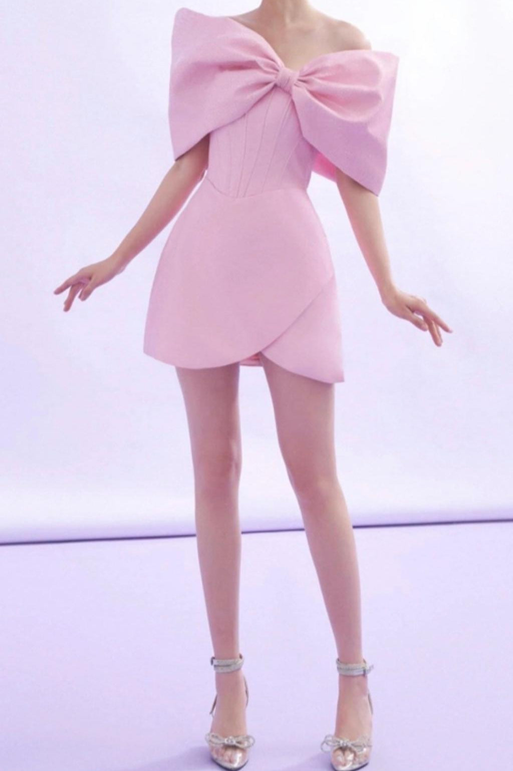 PINK OFF SHOULDER BOW CORSET MINI DRESS