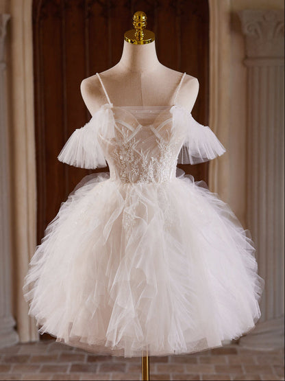 Ball Gown Tulle Lace Light Champagne mini Dress with Beads