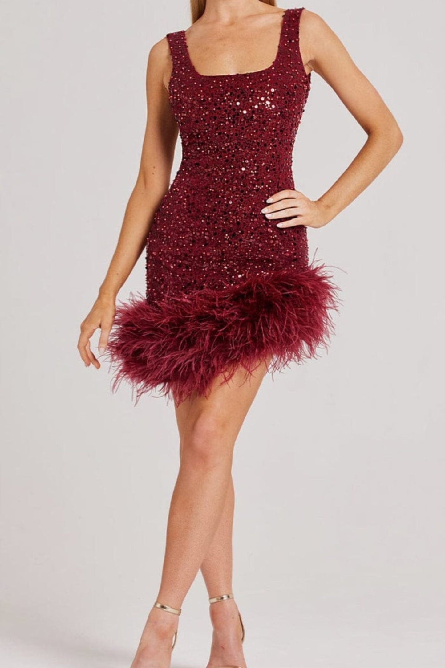 RED FEATHER SEQUIN DRESS