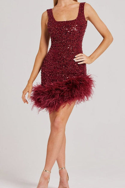 RED FEATHER SEQUIN DRESS