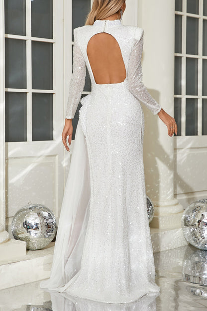 YVETTE PEARL EMBELLISHED SEQUIN MAXI DRESS IN WHITE