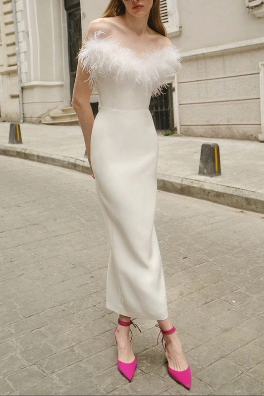 フェザーボディコンマキシドレス（ホワイト）