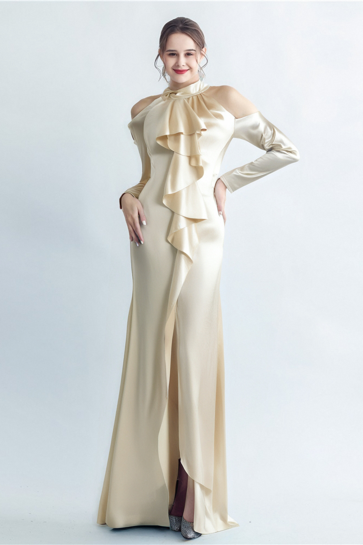 RAE CHAMPAGNE ONE-SHOULDER RUFFLE EMBELLISHED MAXI DRESS