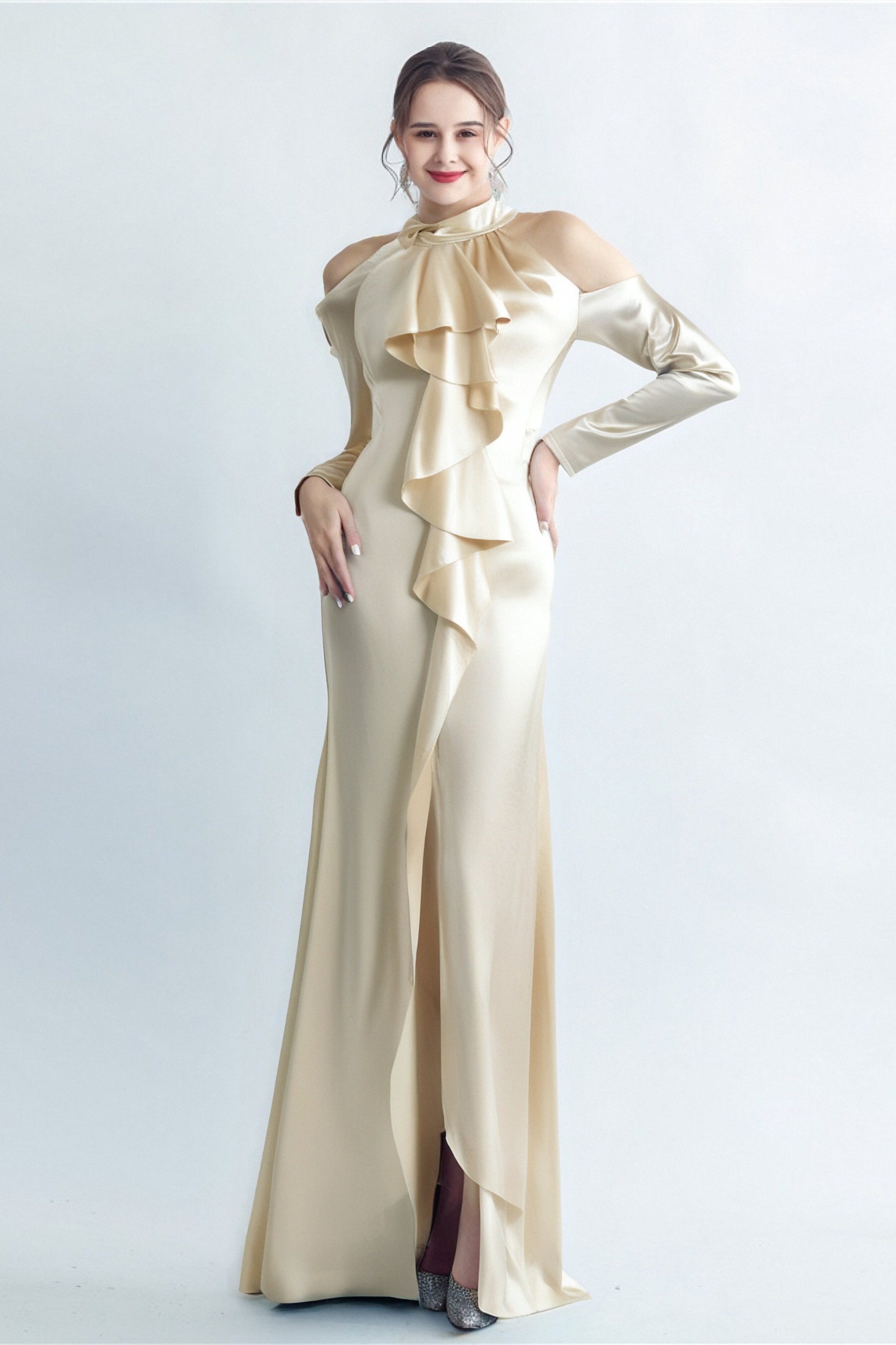 RAE CHAMPAGNE ONE-SHOULDER RUFFLE EMBELLISHED MAXI DRESS