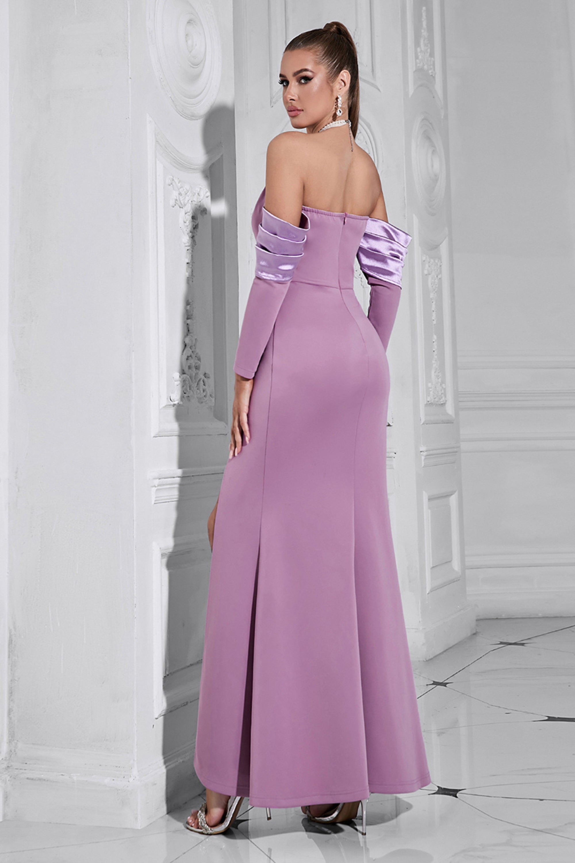 Pearl halter split maxi dress in purple