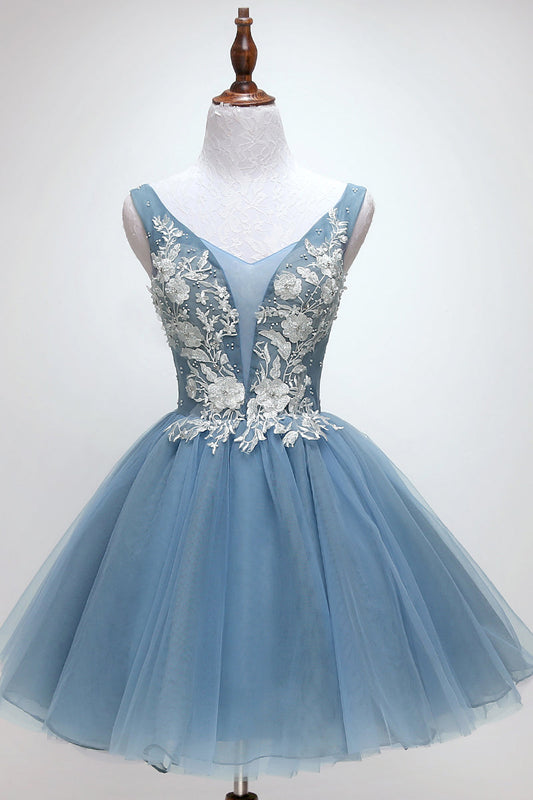 Blue tulle lace mini prom dress