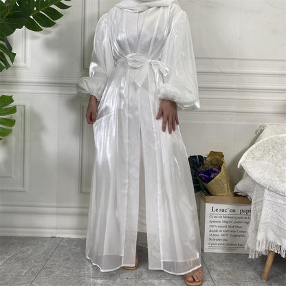 Shiny Silk Balloon Sleeves Lined Cardigan
