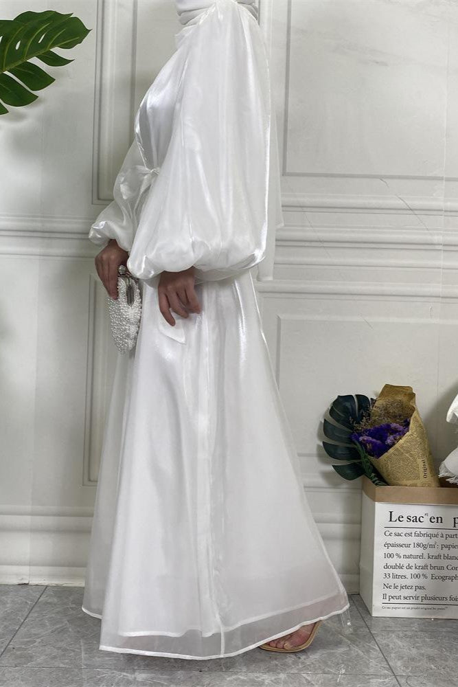 Shiny Silk Balloon Sleeves Lined Cardigan