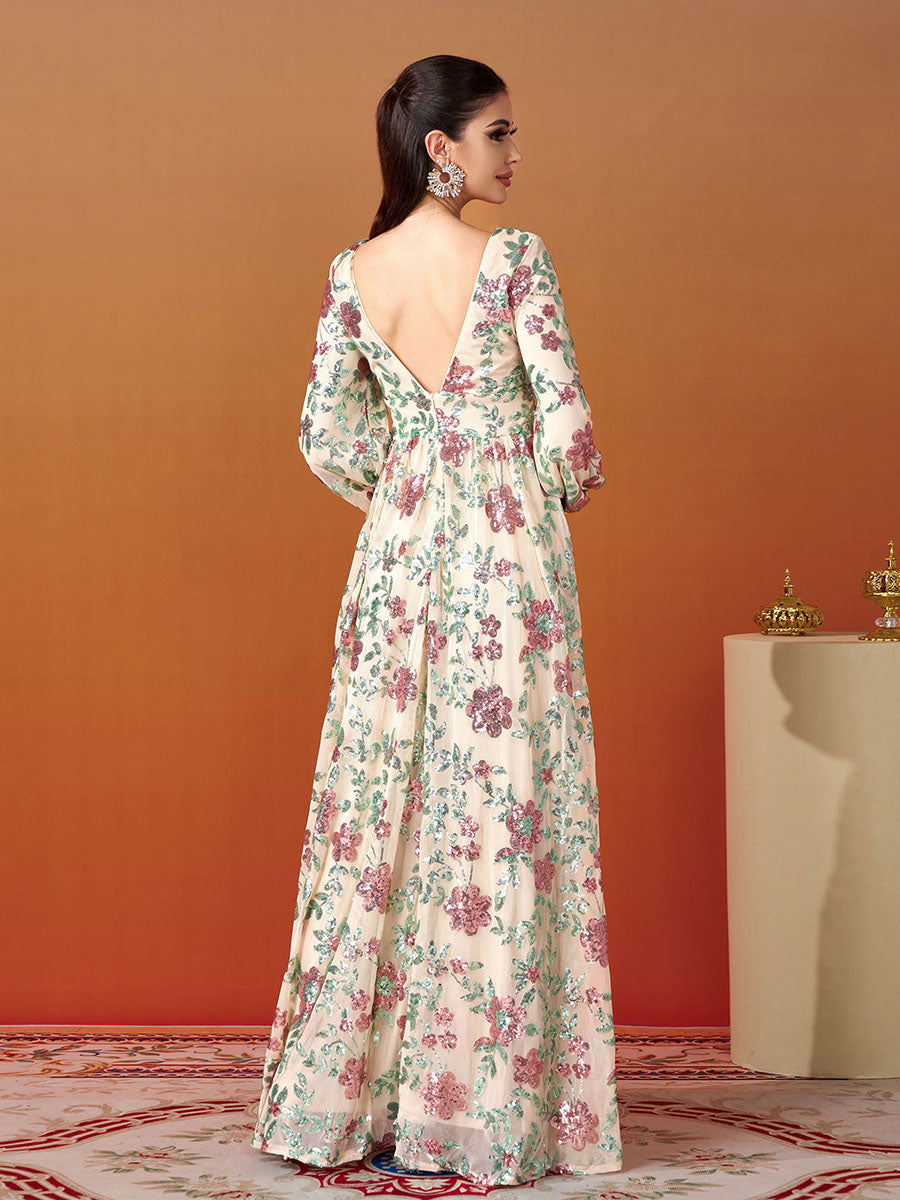 V-Neck Backless Tulle Apricot Prom Dress