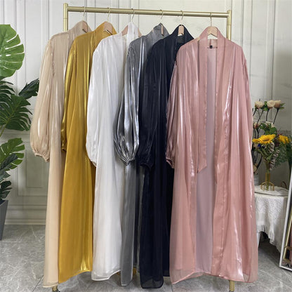 Shiny Silk Balloon Sleeves Lined Cardigan