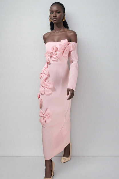 hilary Pink 3D Flower long sleeve strapless Midi Dress