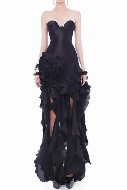 sabrina Ruffle Crystal strapless midi dress in black