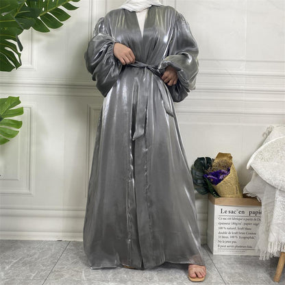 Shiny Silk Balloon Sleeves Lined Cardigan