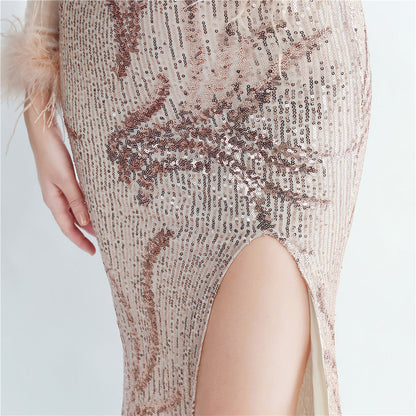Ostrich Beaded Velvet Side Split Formal Dress