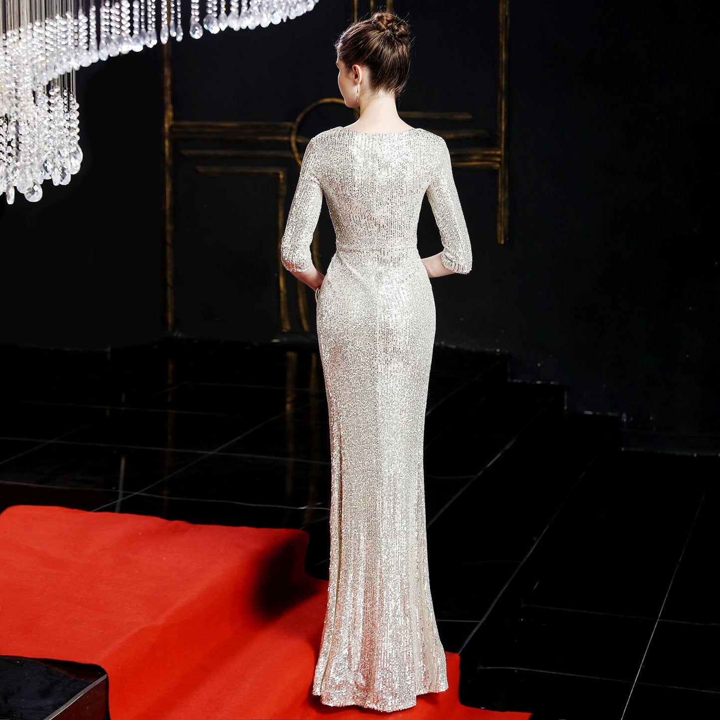 Long Sleeve Sequin Fishtail Formal Dress