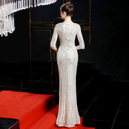 Long Sleeve Sequin Fishtail Formal Dress