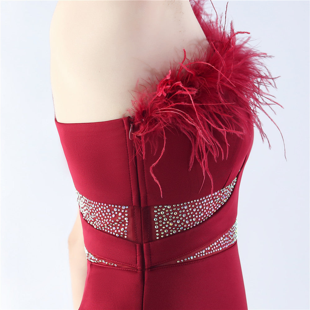 Fur Rhinestone Formal Dress