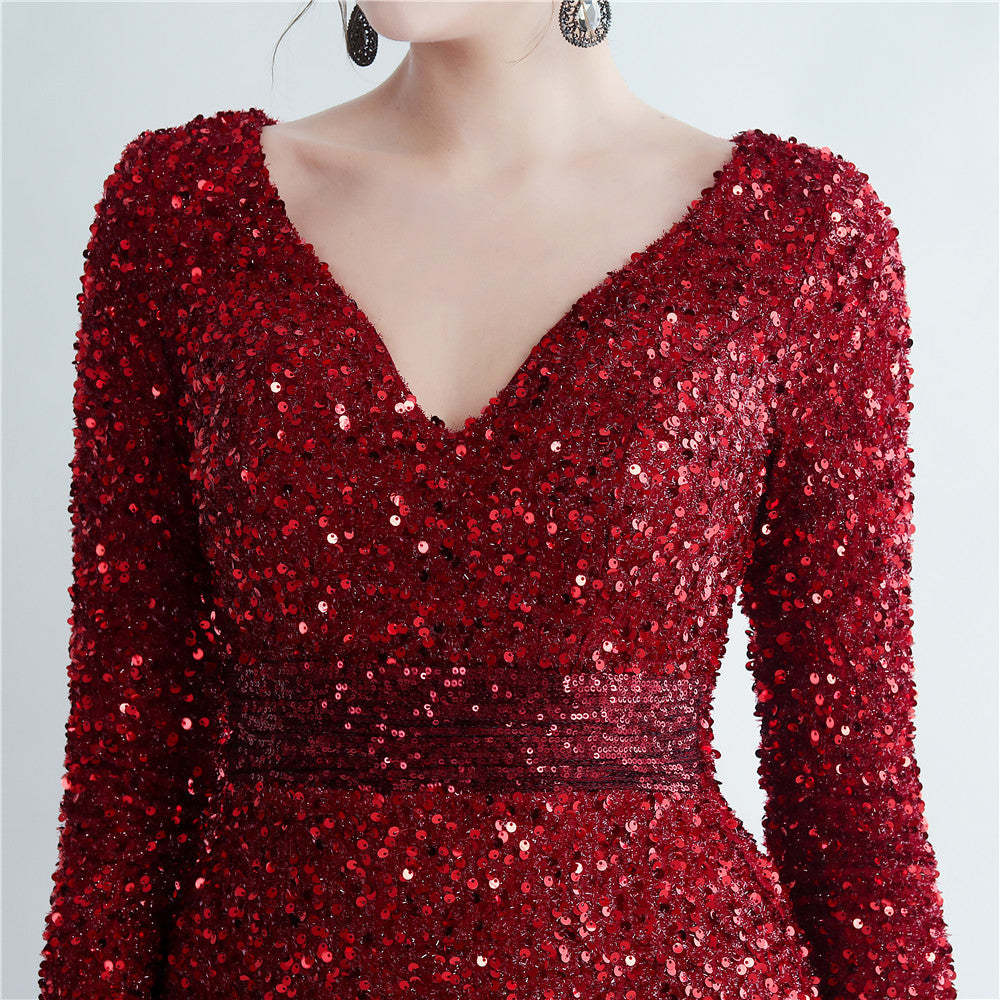 Split Long Sleeve Sequin Formal Dress