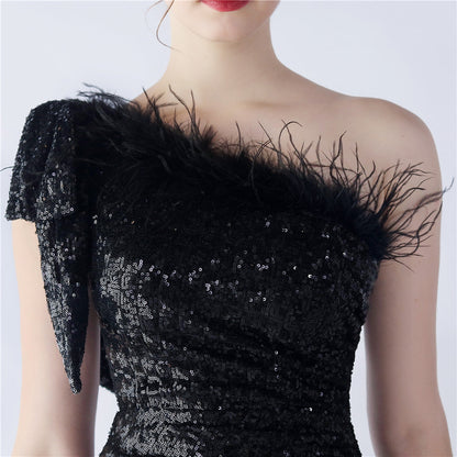 Fur Sequin One Shoulder Formal Dress