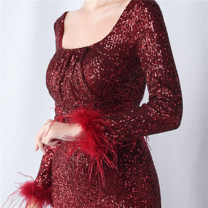Ostrich Fur Long Sleeve Formal Dress