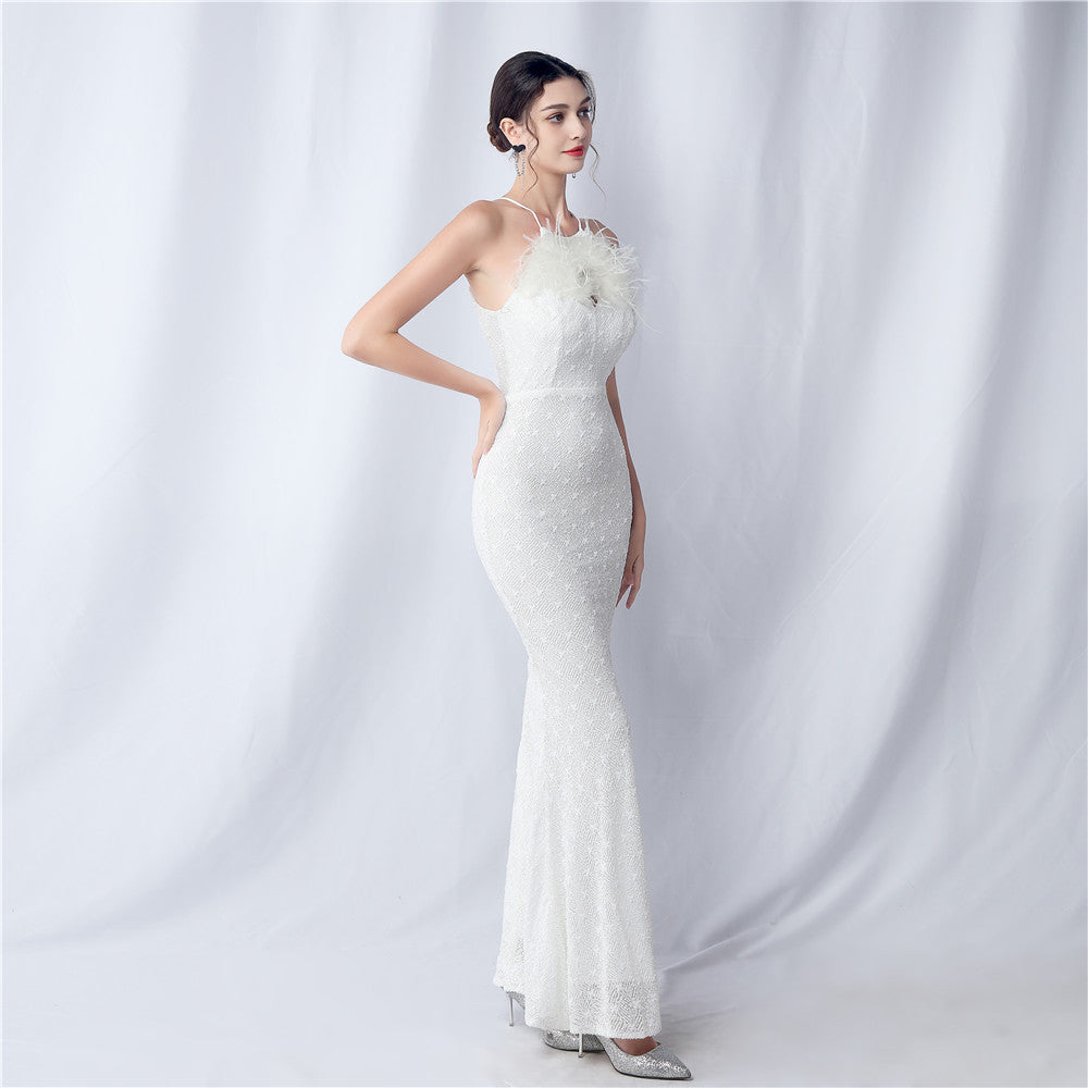 Camel hair and lattice beaded formal dresses