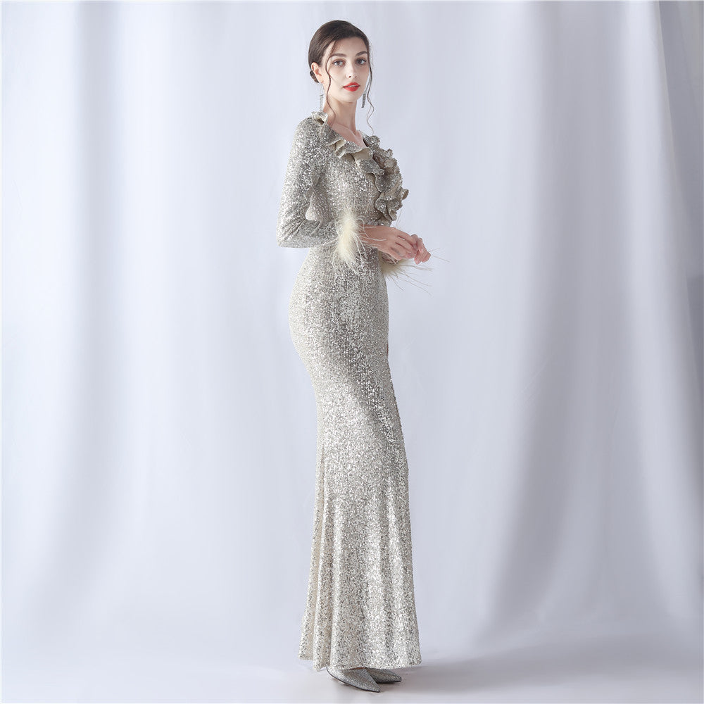 Ostrich Wave Beaded Formal Dress